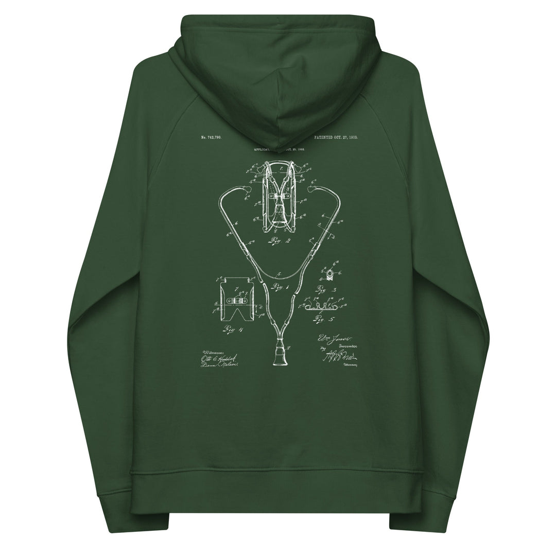 Double Sided Stethoscope 1903 Vintage Patent Unisex Eco Raglan Hoodie - MedTheories