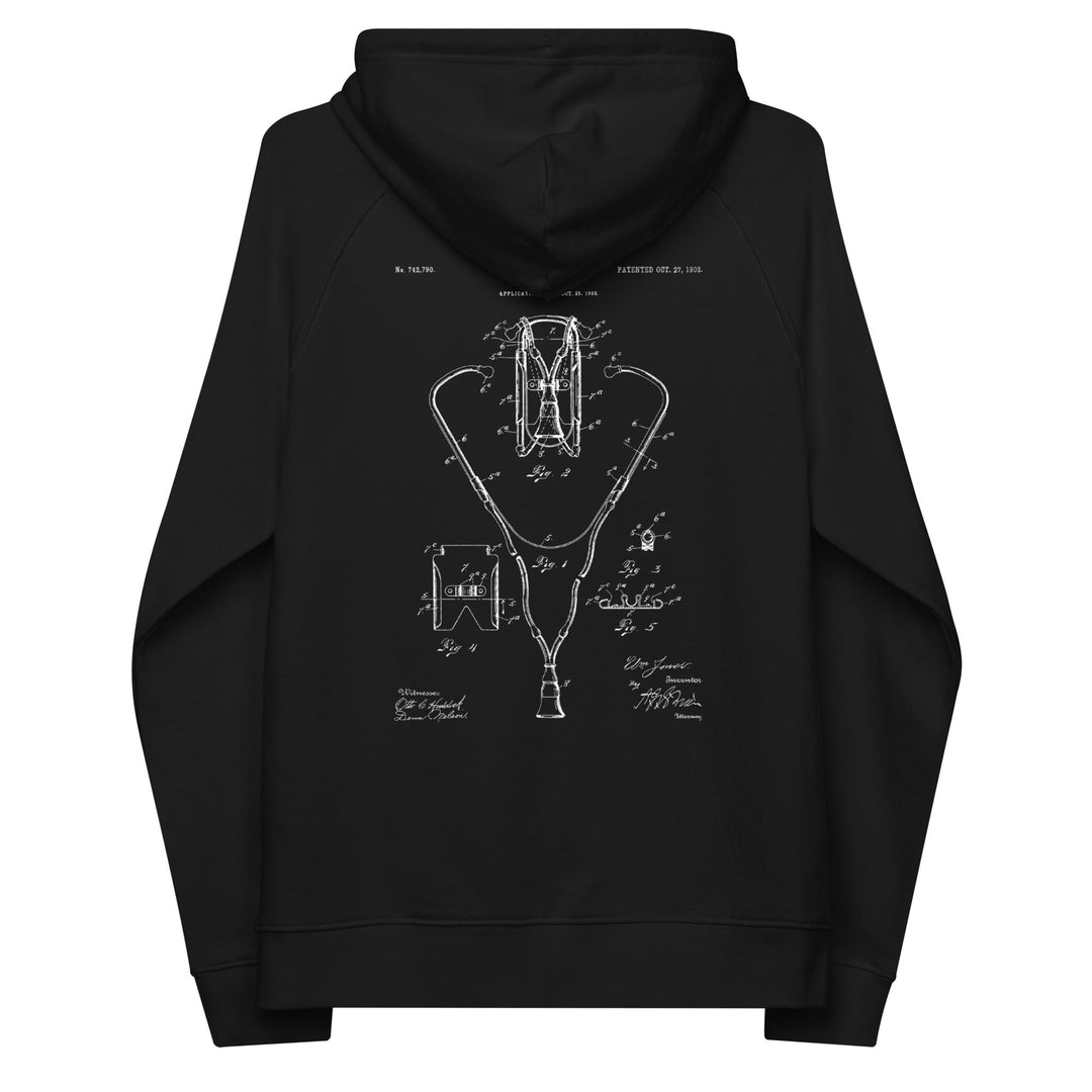 Double Sided Stethoscope 1903 Vintage Patent Unisex Eco Raglan Hoodie - MedTheories