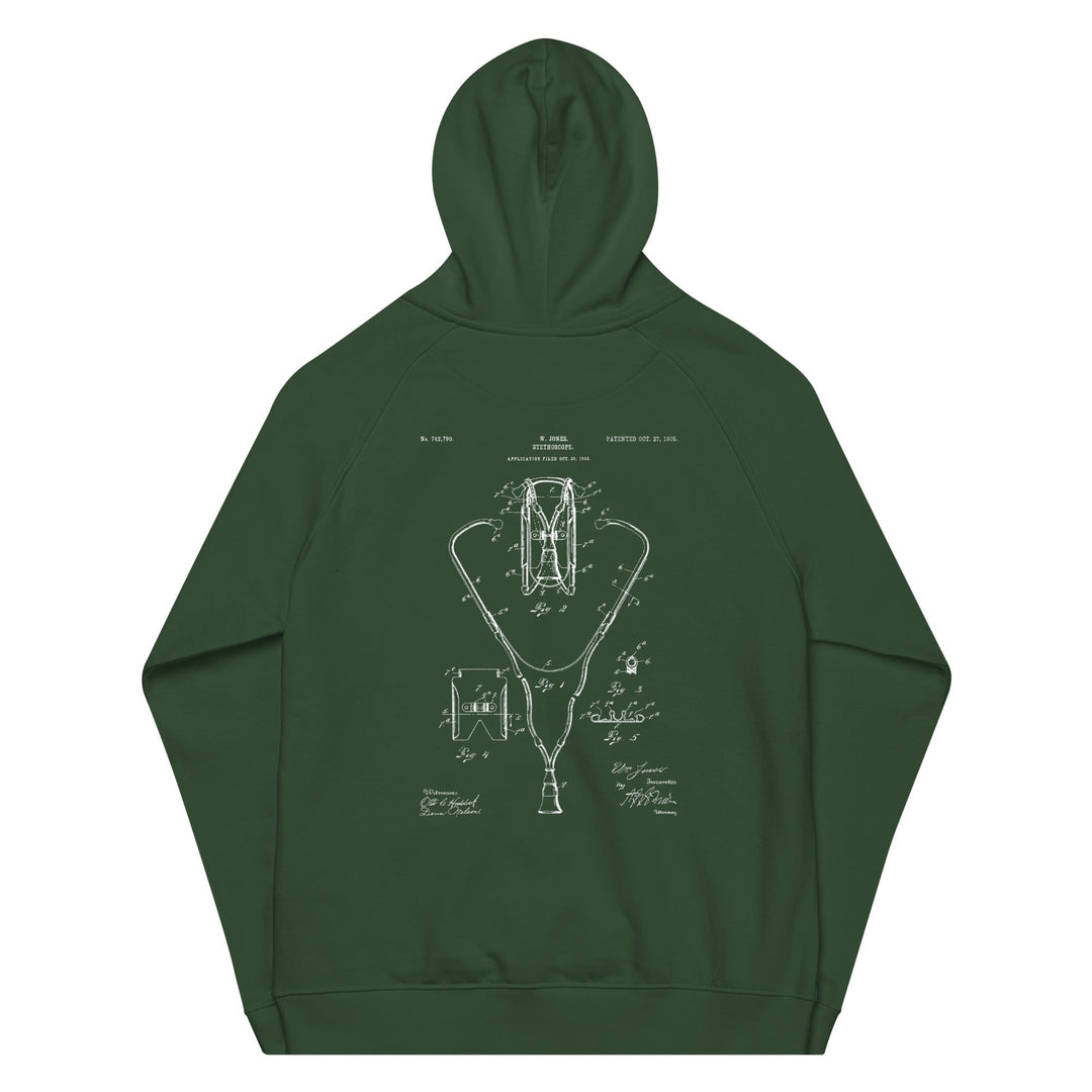 Double Sided Stethoscope 1903 Vintage Patent Unisex Eco Raglan Hoodie - MedTheories