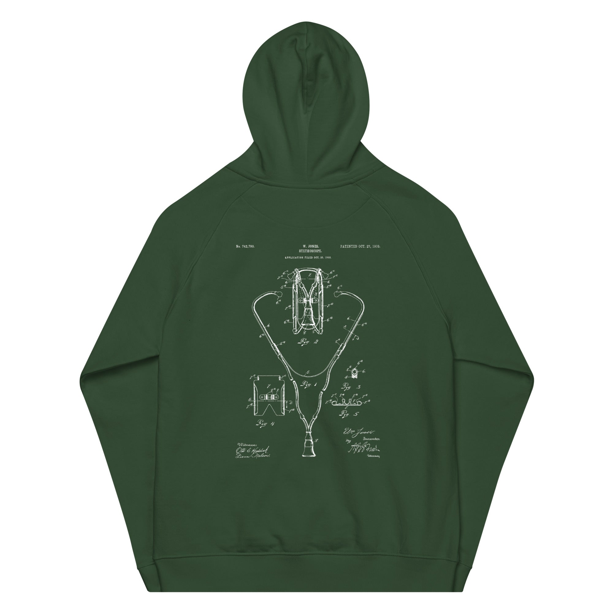 Double Sided Stethoscope 1903 Vintage Patent Unisex Eco Raglan Hoodie - MedTheories