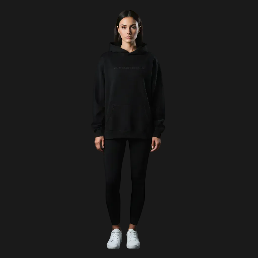 Calm Under Pressure embroidered black hoodie — MedTheories Noir Collection
