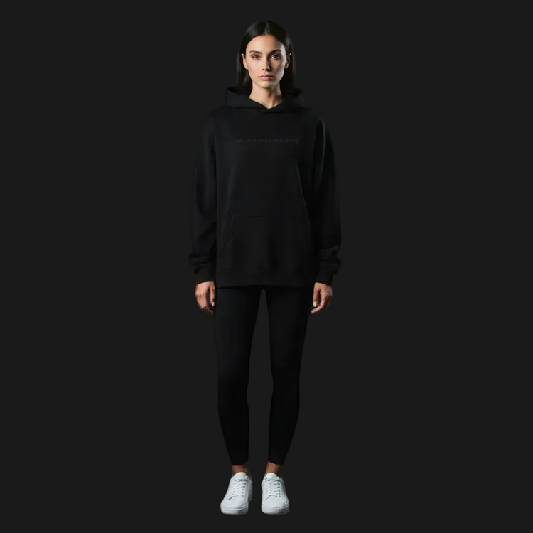 Calm Under Pressure embroidered black hoodie — MedTheories Noir Collection

